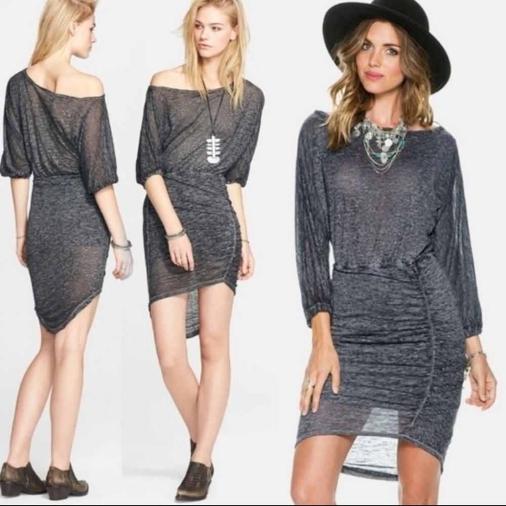 Free People Marled Dark Gray Ruched Mini Dress